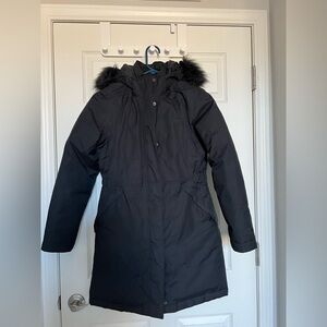 The North Face: Black Hooded Parka Coat with Fur Trim